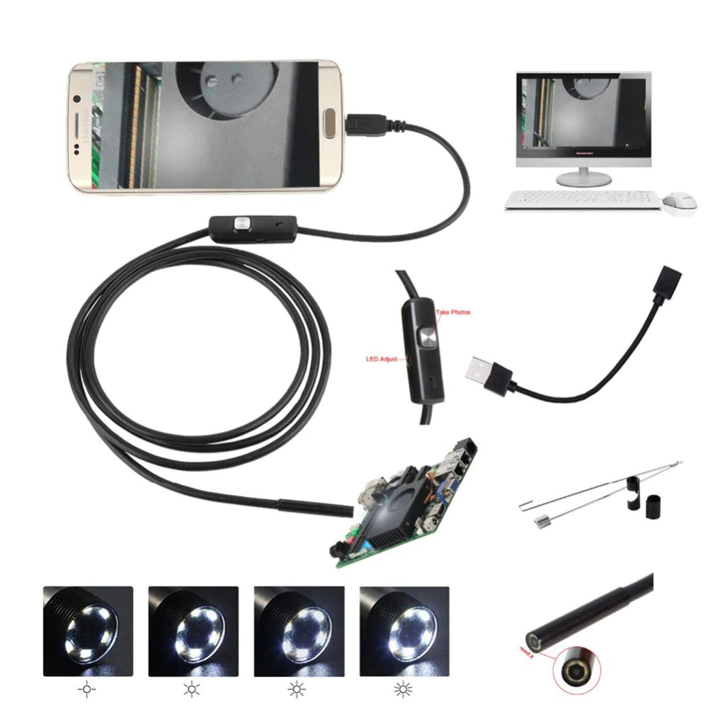 USB Endoscope Inspection Camera – Flexible Borescope Camera with LED Lights for Android & PC