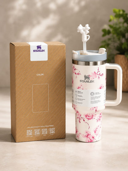 40oz Stainless Steel Tumbler with Handle & Straw – Blue Floral