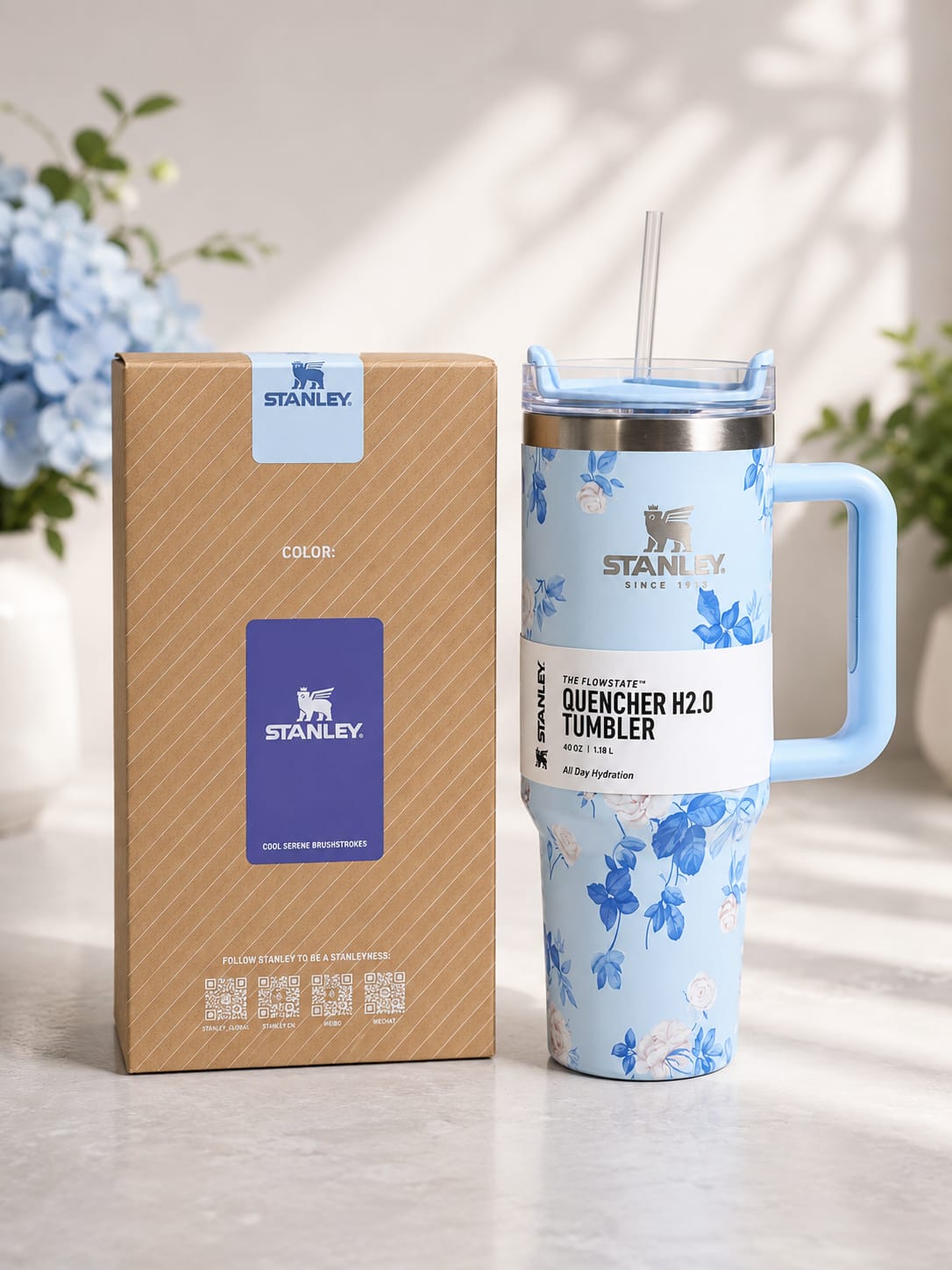 40oz Stainless Steel Tumbler with Handle & Straw – Blue Floral